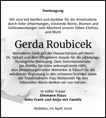 Traueranzeige von Gerda Roubicek von Mitteldeutsche Zeitung Bernburg