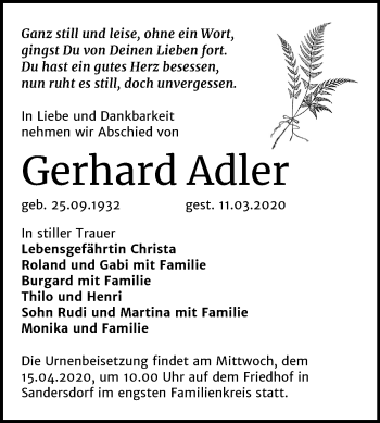 Traueranzeige von Gerhard Adler von Mitteldeutsche Zeitung Bitterfeld