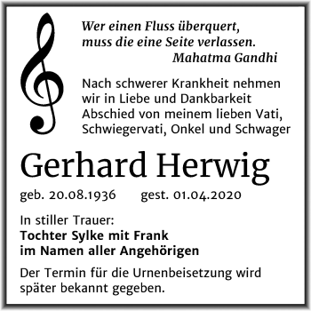 Traueranzeige von Gerhard Herwig von Mitteldeutsche Zeitung Mansfelder Land