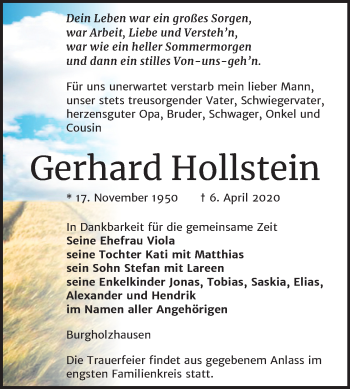 Traueranzeige von Gerhard Hollstein von Mitteldeutsche Zeitung Naumburg/Nebra