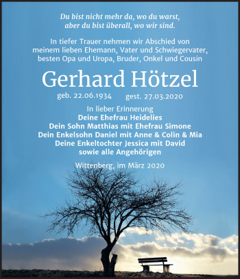 Traueranzeige von Gerhard Hötzel von Mitteldeutsche Zeitung Wittenberg