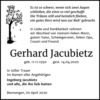 Traueranzeige von Gerhard Jacubietz von Super Sonntag Sangerhausen