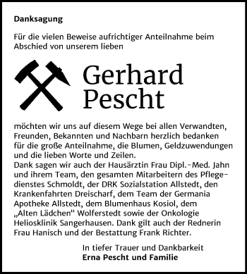 Traueranzeige von Gerhard Pescht von Super Sonntag Sangerhausen