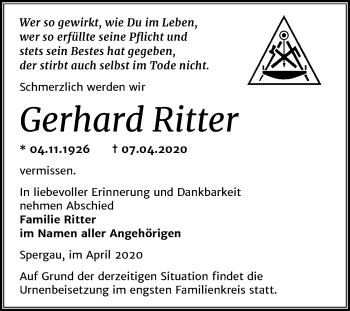 Traueranzeige von Gerhard Ritter von Mitteldeutsche Zeitung Merseburg/Querfurt