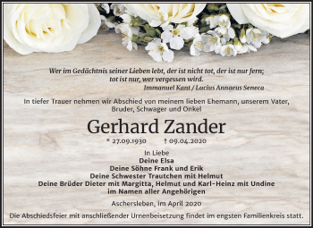 Traueranzeige von Gerhard Zander von Super Sonntag Aschersleben