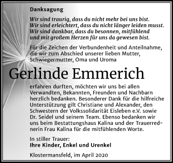 Traueranzeige von Gerlinde Emmerich von Super Sonntag Mansfelder Land