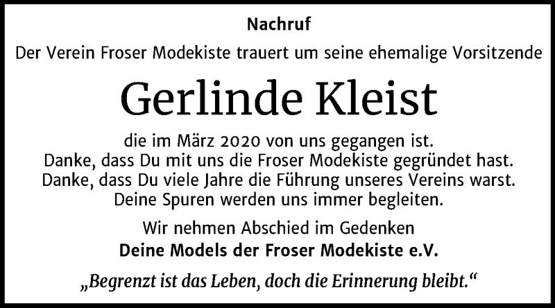  Traueranzeige für Gerlinde Kleist vom 11.04.2020 aus Mitteldeutsche Zeitung Aschersleben