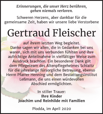 Traueranzeige von Gertraud Fleischer von Mitteldeutsche Zeitung Bitterfeld