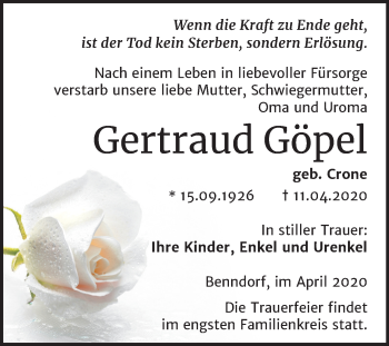 Traueranzeige von Gertraud Göpel von Mitteldeutsche Zeitung Mansfelder Land