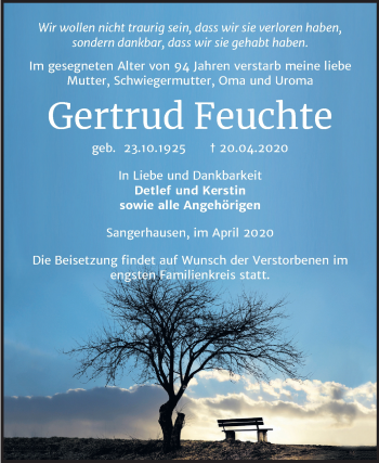 Traueranzeige von Gertrud Feuchte von Super Sonntag Sangerhausen