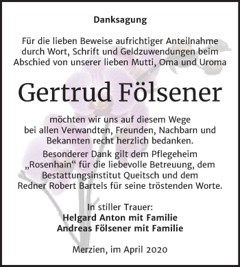 Traueranzeige von Gertrud Fölsener von Mitteldeutsche Zeitung Köthen