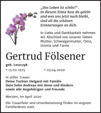 Traueranzeige von Gertrud Fölsener von Super Sonntag Köthen