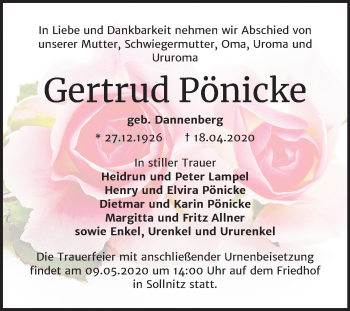 Traueranzeige von Gertrud Pönicke von Mitteldeutsche Zeitung Dessau-Roßlau