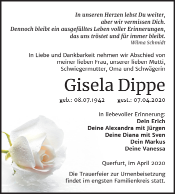 Traueranzeige von Gisela Dippe von Mitteldeutsche Zeitung Merseburg/Querfurt