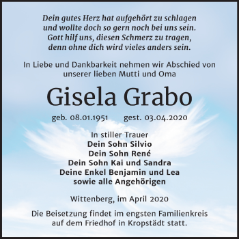 Traueranzeige von Gisela Grabo von Mitteldeutsche Zeitung Wittenberg