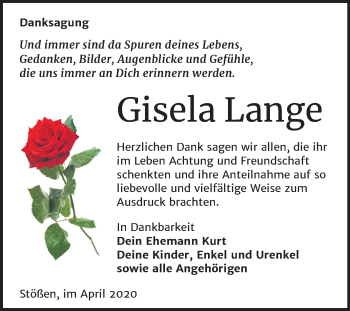 Traueranzeige von Gisela Lange von Super Sonntag Naumburg/Nebra