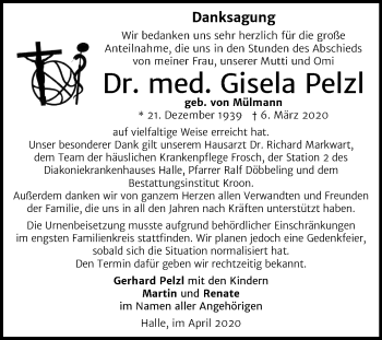 Traueranzeige von Gisela Pelzl von Mitteldeutsche Zeitung Halle/Saalkreis
