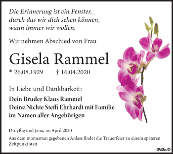 Traueranzeige von Gisela Rammel von Super Sonntag Zeitz