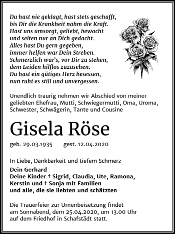 Traueranzeige von Gisela Röse von Mitteldeutsche Zeitung Merseburg/Querfurt