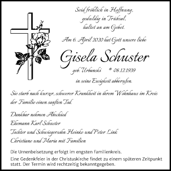 Traueranzeige von Gisela Schuster von Mitteldeutsche Zeitung Dessau-Roßlau