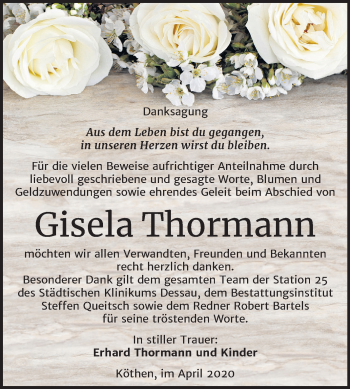 Traueranzeige von Gisela Thormann von Super Sonntag Köthen