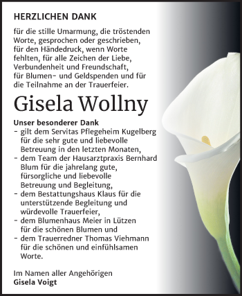 Traueranzeige von Gisela Wollny von Mitteldeutsche Zeitung Weißenfels