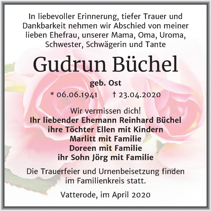  Traueranzeige für Gudrun Büchel vom 30.04.2020 aus Mitteldeutsche Zeitung Mansfelder Land