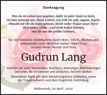 Traueranzeige von Gudrun Lang von Super Sonntag Quedlinburg
