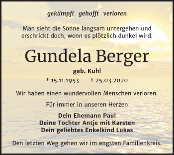 Traueranzeige von Gundela Berger von Mitteldeutsche Zeitung Bitterfeld