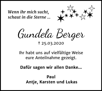 Traueranzeige von Gundela Berger von Mitteldeutsche Zeitung Bitterfeld