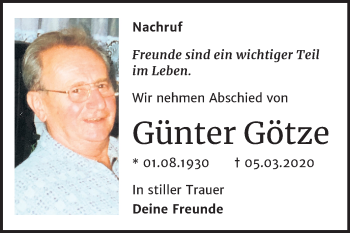 Traueranzeige von Günter Götze von Super Sonntag Zeitz