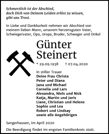Traueranzeige von Günter Steinert von Super Sonntag Sangerhausen