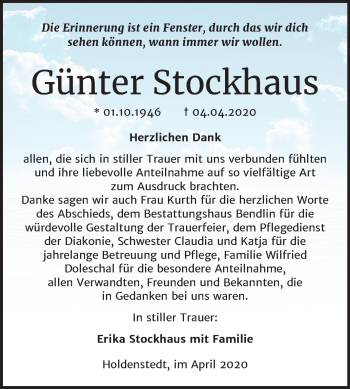 Traueranzeige von Günter Stockhaus von Super Sonntag Sangerhausen