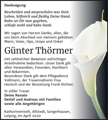 Traueranzeige von Günter Thörmer von Mitteldeutsche Zeitung Sangerhausen