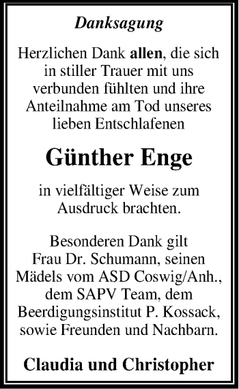 Traueranzeige von Günther Enge von Mitteldeutsche Zeitung Wittenberg