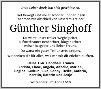 Traueranzeige von Günther Singhoff von Super Sonntag Wittenberg