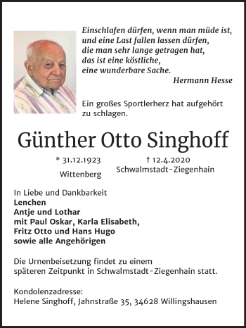 Traueranzeige von Günther Otto Singhoff von Mitteldeutsche Zeitung Wittenberg