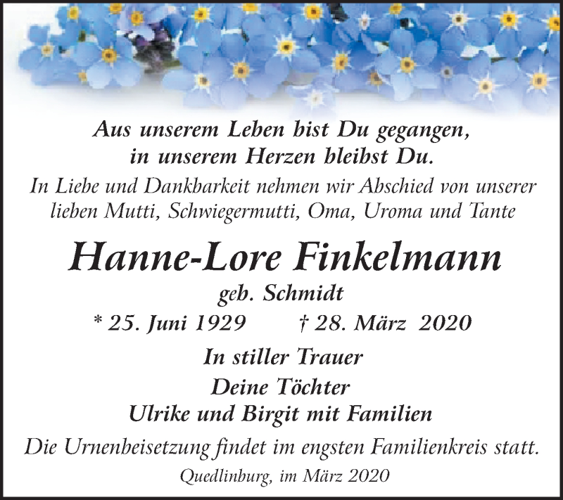  Traueranzeige für Hanne-Lore Finkelmann vom 11.04.2020 aus Super Sonntag Quedlinburg