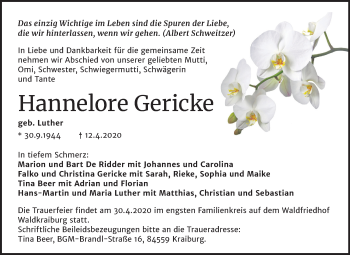 Traueranzeige von Hannelore Gericke von Mitteldeutsche Zeitung Dessau-Roßlau
