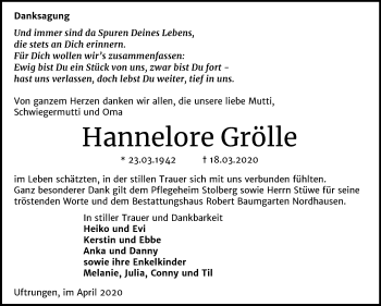 Traueranzeige von Hannelore Grölle von Mitteldeutsche Zeitung Sangerhausen