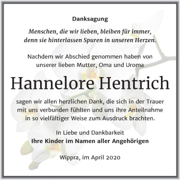 Traueranzeige von Hannelore Hentrich von Mitteldeutsche Zeitung Sangerhausen
