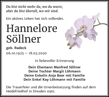 Traueranzeige von Hannelore Söllner von Mitteldeutsche Zeitung Merseburg/Querfurt