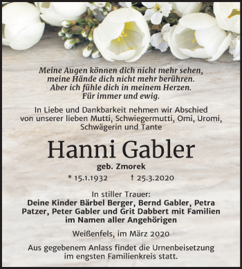 Traueranzeige von Hanni Gabler von Super Sonntag Weißenfels