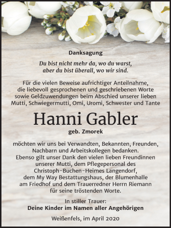 Traueranzeige von Hanni Gabler von Super Sonntag Weißenfels