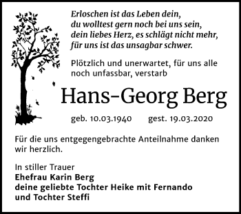 Traueranzeige von Hans-Georg Berg von Mitteldeutsche Zeitung Bitterfeld