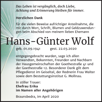 Traueranzeige von Hans-Günter Wolf von Mitteldeutsche Zeitung Merseburg/Querfurt