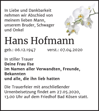 Traueranzeige von Hans Hofmann von Mitteldeutsche Zeitung Naumburg/Nebra