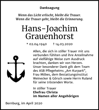 Traueranzeige von Hans-Joachim Grauenhorst von Mitteldeutsche Zeitung Bernburg