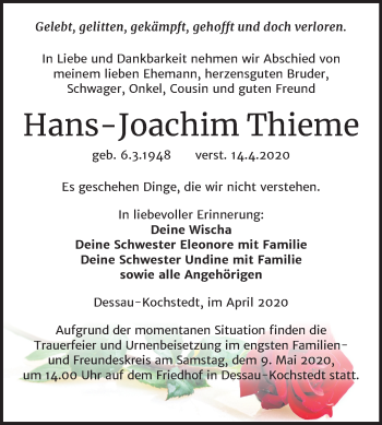 Traueranzeige von Hans-Joachim Thieme von Mitteldeutsche Zeitung Dessau-Roßlau