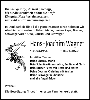 Traueranzeige von Hans-Joachim Wagner von Super Sonntag Naumburg/Nebra